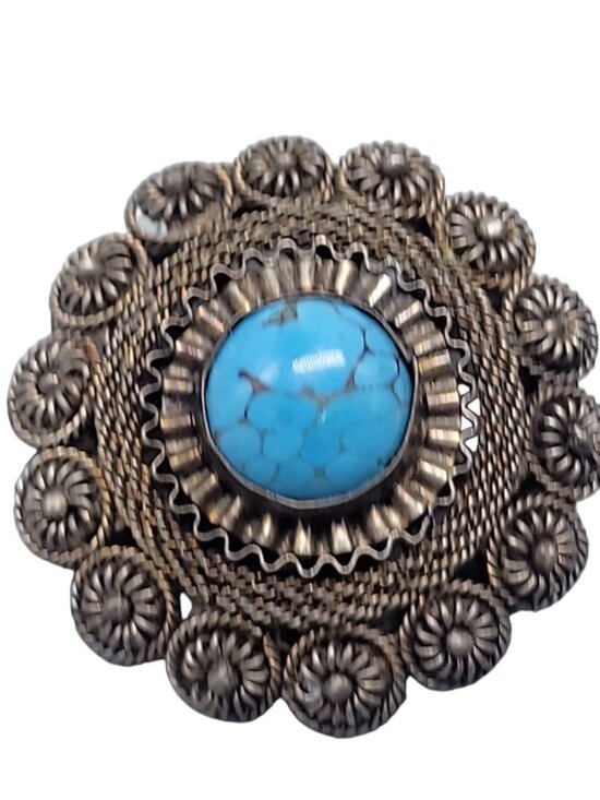 Unknown Jewelry - Faux Turquoise Silver Plated Brooch Pendant Blue Glass Filigree Setting Vintage